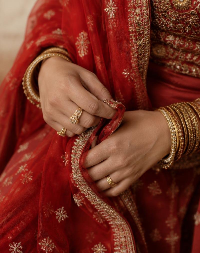 Bride's hands adorned with gold bangles and rings